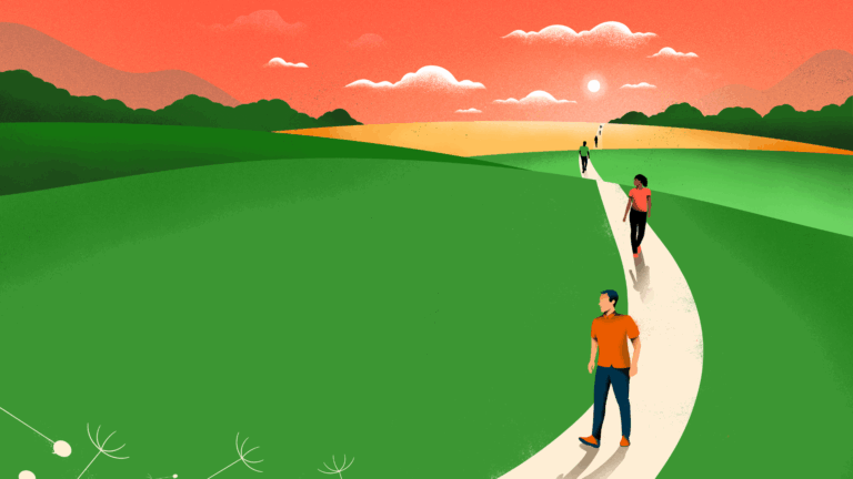 Illustration de personnes marchant sur un sentier sinueux traversant une vaste plaine verte, au coucher du soleil.