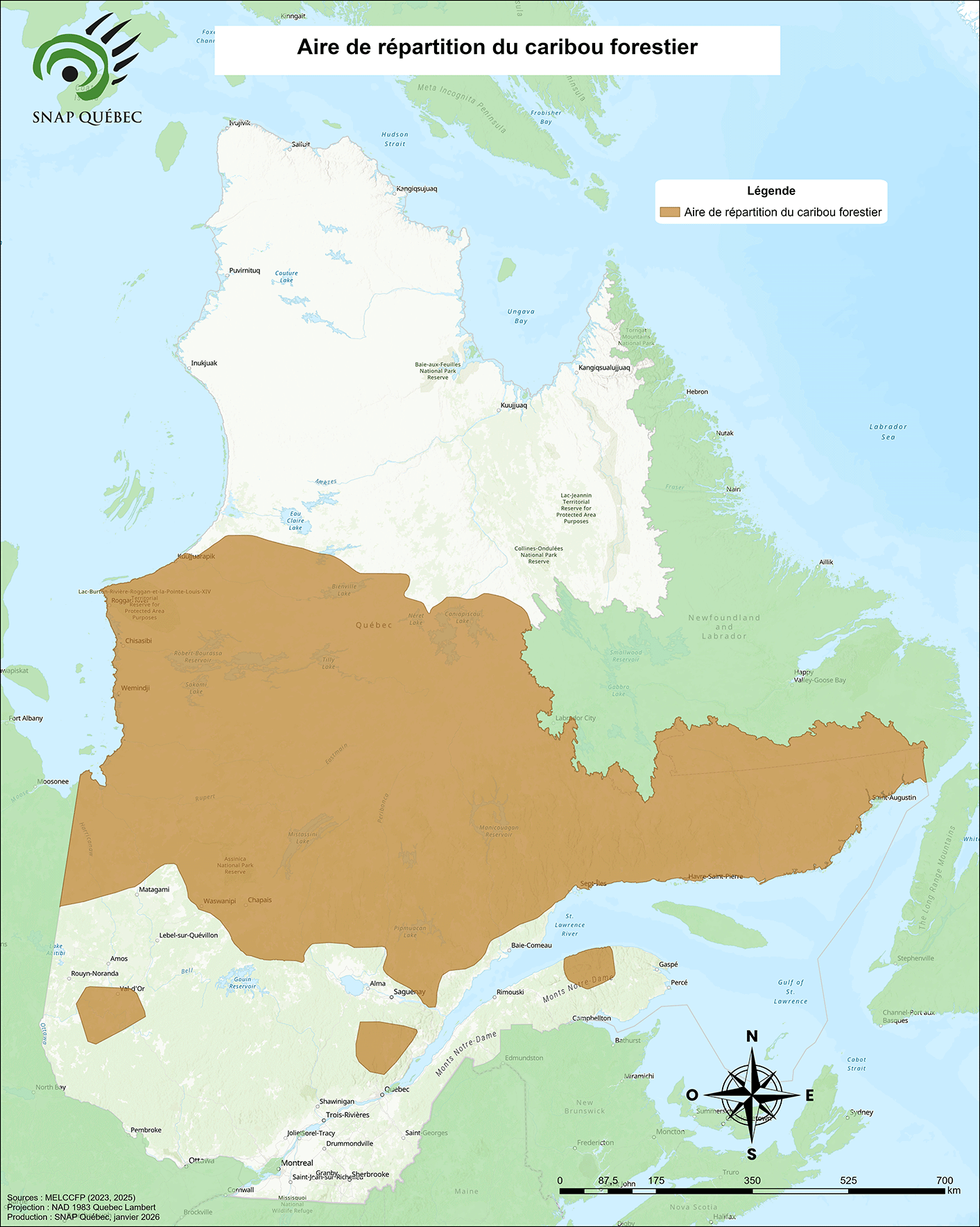 Carte de l'aire de répartition du caribou forestier